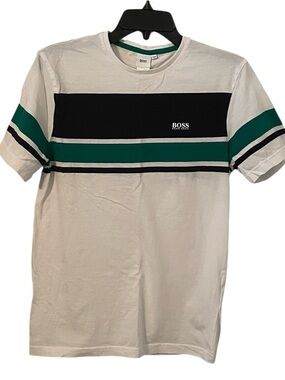 BOSS Hugo Boss Boy’s White Green Black Logo Text Short Sleeve T-Shirt Size 16